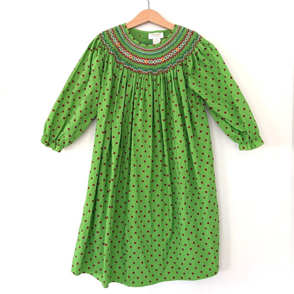 Rosalina Smocked Green Polka‎ Dot Dress Size 6Y Long Sleeve Button Front